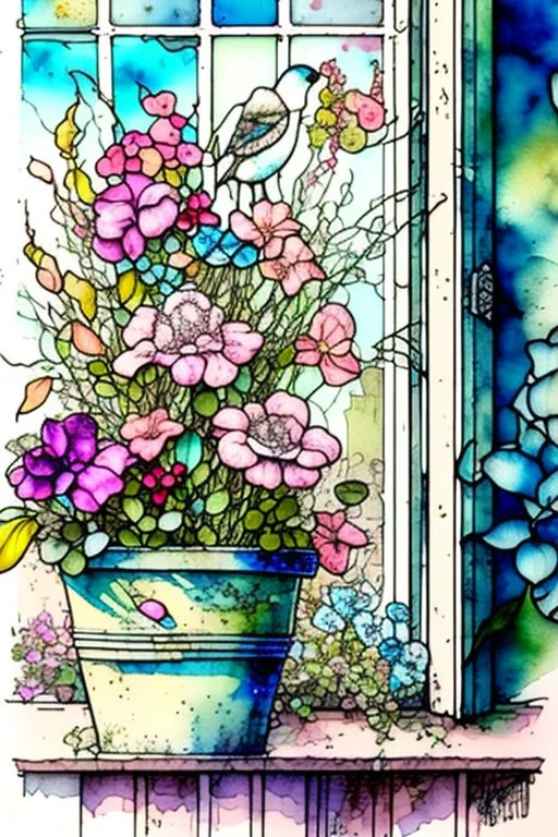 Shabby chic window with flowerpots and bouquets filled with beautiful flowers.full sunlight, stormy clouds, bird, watercolour and ink, stained glass Modifiers: elegant intricate beautiful fantastic view crisp quality colourful Jean-Baptiste Monge pastel colors full view