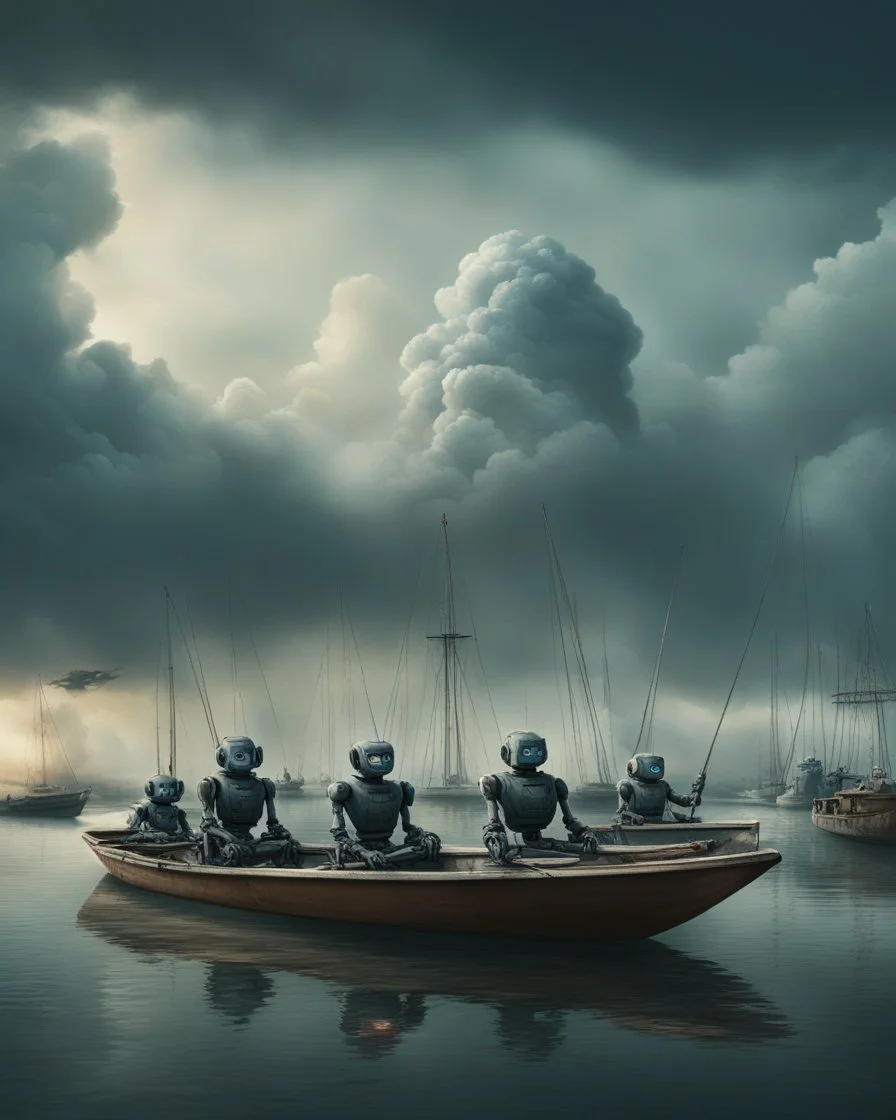 Bosch painting style, nightmare , an Ai robots sitting lined up in line one after another holding The boat's oars , great quality picture with cinematic scenes , heavy clouds in the background