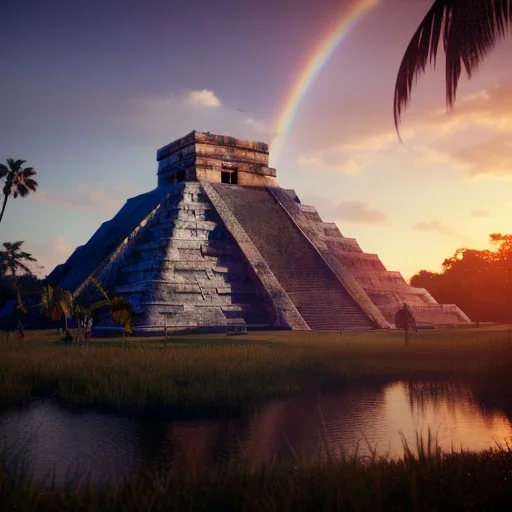 Chichen Itza, sunset, rainbow sunset, waterfall, palms, twigs, spring, sunset rainbow, bridge birds, unreal engine 5, cinematic lighting, realistic, hyper detailed, 8k, octane render