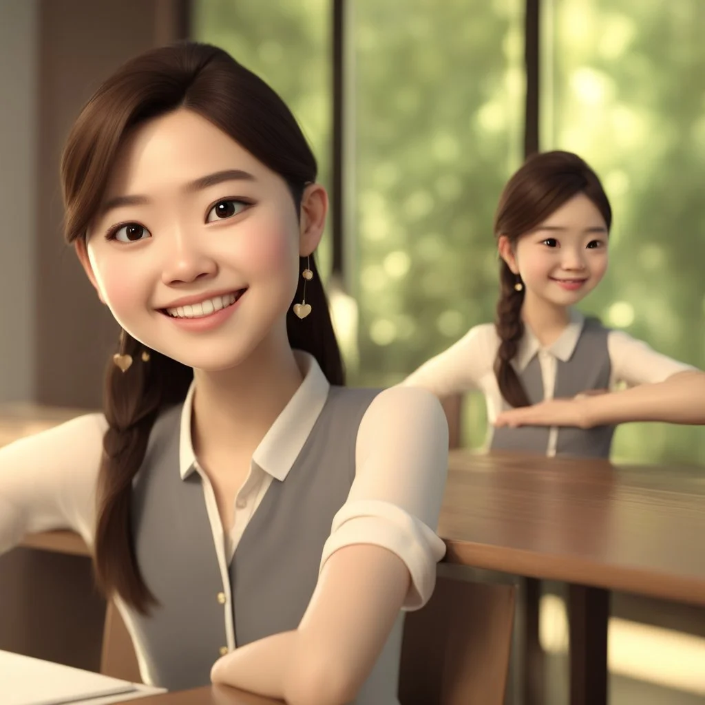 a portrait of smiling cute beautiful chinese woman wearing formal shirt. medium dark brown hair. fair skin. dark brown eye pupils. small nose. heart face shape. pixar style. 3D. 4k. portrait. highly detailed. sharp focus. high resolution. full color. cinema lighting