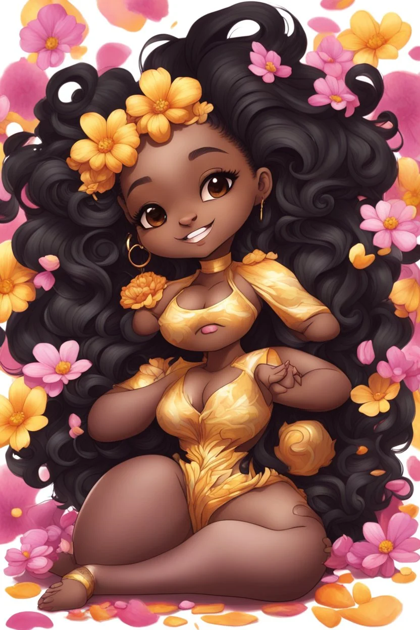 A sassy thick-lined airbrushed cartoon black chibi girl lounging lazily on her side, surrounded by flower petals. She has a golden lion tail curling playfully behind her curvy body. Looking up coyly, she grins widely, showing sharp lion teeth. Her poofy hair forms a mane framing her confident, regal expression.