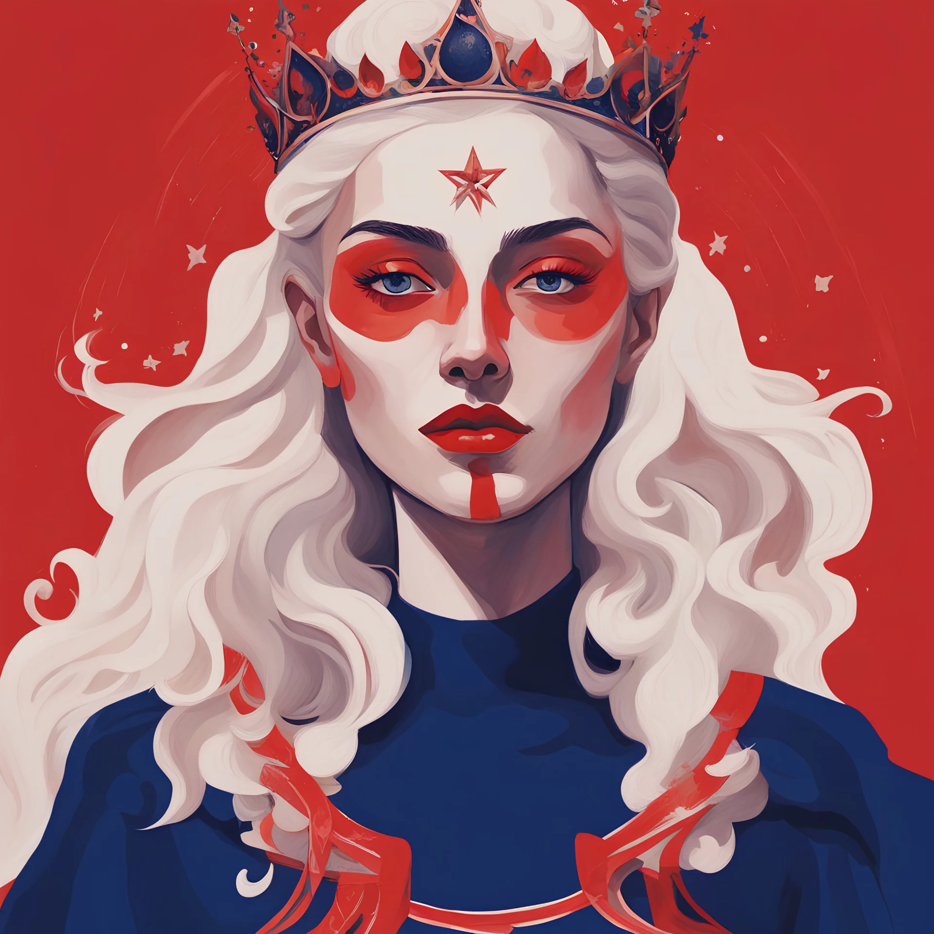 Generate a gouache illustration based on the song Queendom by 'Aurora'. Make it powerful. Use elements from the given photo to create something new and interesting. Replace the colour red work navy blue
