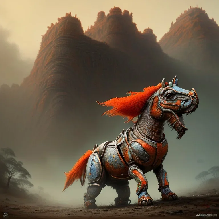 angry horse in orange and blue battle armor, a highly detailed illustration, background of Inka jungle, realistic render, 8 k, micro detail, intricate, elegant, centered, digital painting, Artstation, smooth, sharp focus, illustration, artgerm, tomasz alen kopera, peter mohrbacher, donato giancola, joseph christian leyendecker, wlop, boris vallejo