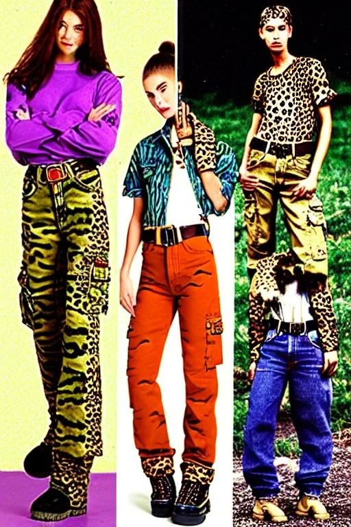 year 1997 denim fashion, "grunge combat pants", cargo, Loose fit, low waist, baggy. Colors: denim blue, blue, purple, khaki, light green, lilac, plum, orange, terracotta, red, pink, dark blue, beige. Patterns: cheetah, balls, stripes. cheetah belt. Something between camouflage and cheetah prints. Women models. Sharon Stone, Sandra Bullock, Winona Ryder, Milla Jovovich, Big tennis shoes on. Latex in small part, areas, clothes..Combat pants. Leg warmers.