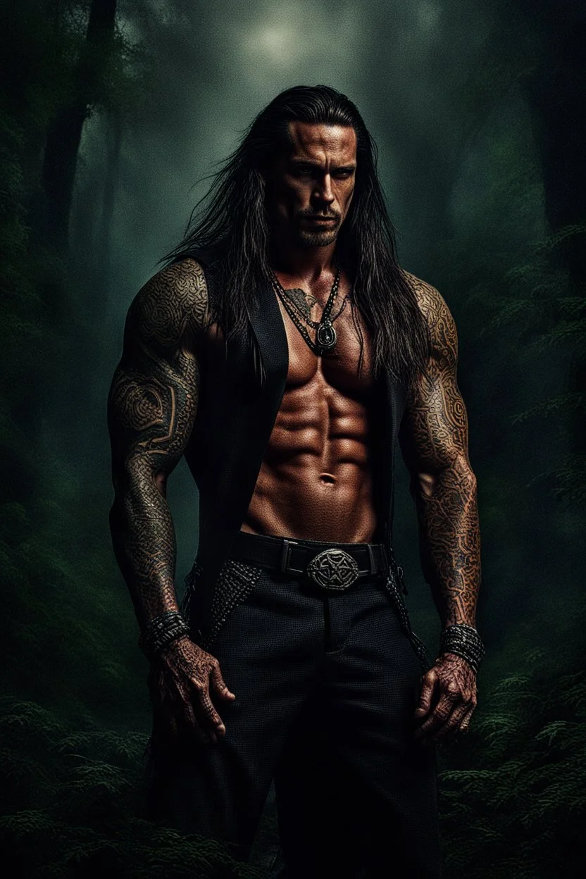 Jason David Frank Very muscular man with long hair and tribal tattoos in armani suit in forest, realistic face, close-up, brutal, dark fantasy, smoke in the sky, lightnings, rain, intricate details, hyper detailed