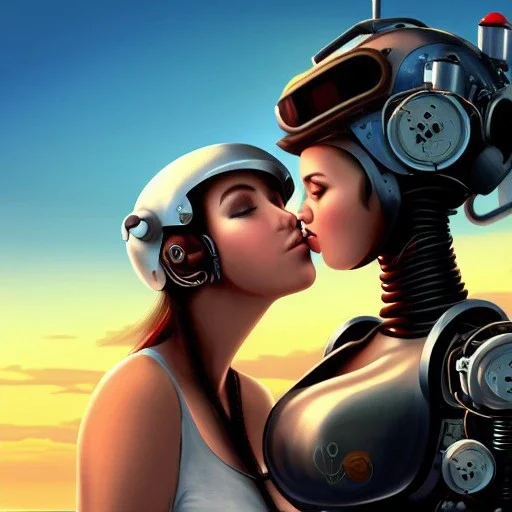 great illustrator, spanish, realistic rendering of a cute spanish girl kissing a cyber girl with helmet, beautiful, steampunk style. Helmet with tubes. Machinery in the background. robotic bird flying. High details. 4k. unreal engine, sunset