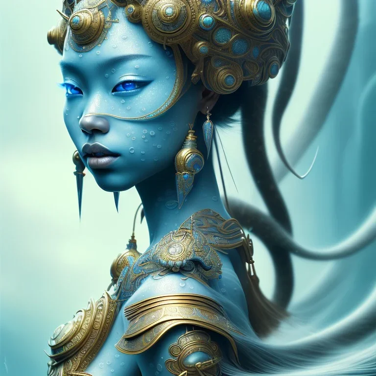 Sango fantasy, fantasy magic, intricate, sharp focus, illustration, highly detailed, digital painting, concept art, matte, art germ and Paul Lewin and Kehinde Wiley, masterpiece Japanese dancer head bronze ell' Asian African girl nice breast Thai hair turquoise silver blue under water