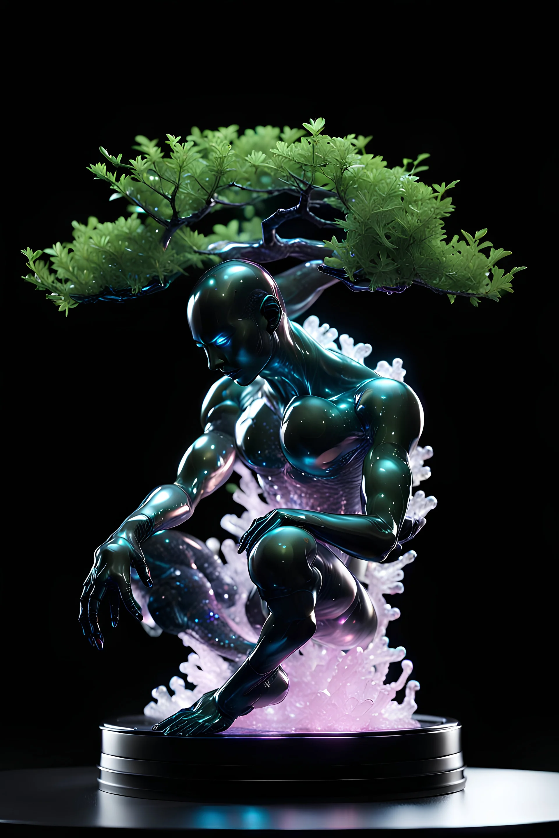 detailed photos of something full body creature humanoid made entirely of otherworldly luminescent and translucent liquid materials, sitting down metallic bonsai,realistic style, infinite ultra high definition image quality and rendering, infinite image detail, infinite realistic render, infinite realistic RTX global