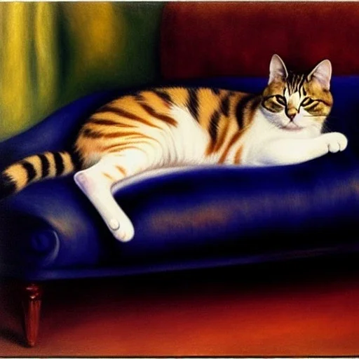 portrait of a Cat sleeping in a sofa,by Pierre-Auguste Renoir, no frame, no signature,cinematic composition, extreme detail,fit full body inside picture,8k