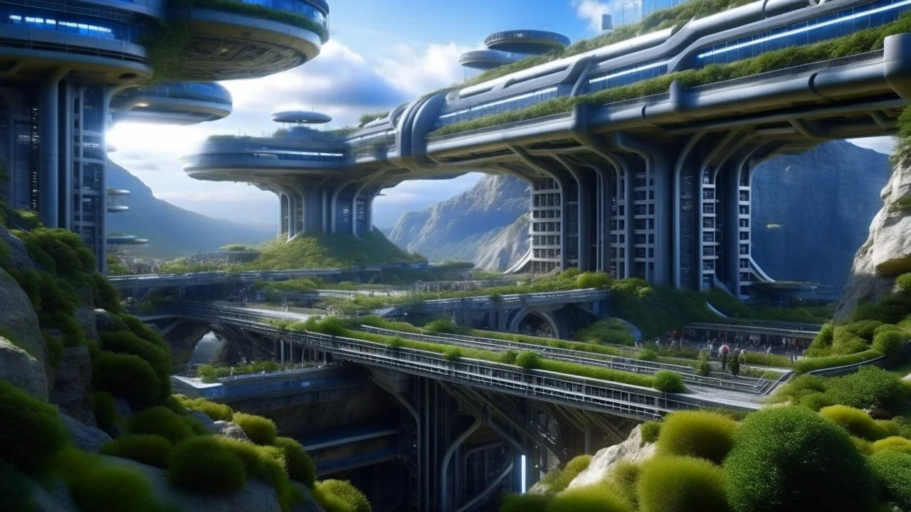 Many spaceliners docked at a huge busy spaceport, with gantries and walkways, setting into the side of a huge cliff, trees, vines and plants, Star Wars, Star Trek