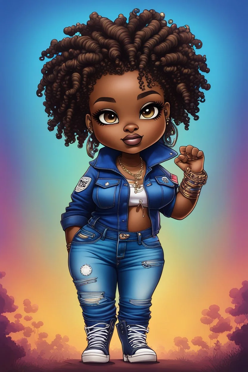 vibrant psychedelic pop punk image, airbrush, 48k, cartoon art image of a plus size chibi dark skinned Black female wearing a sapphire blue jean outfit with timberland boots. Prominent make up with brown eyes. Highly detailed tight curly ombre dread locs