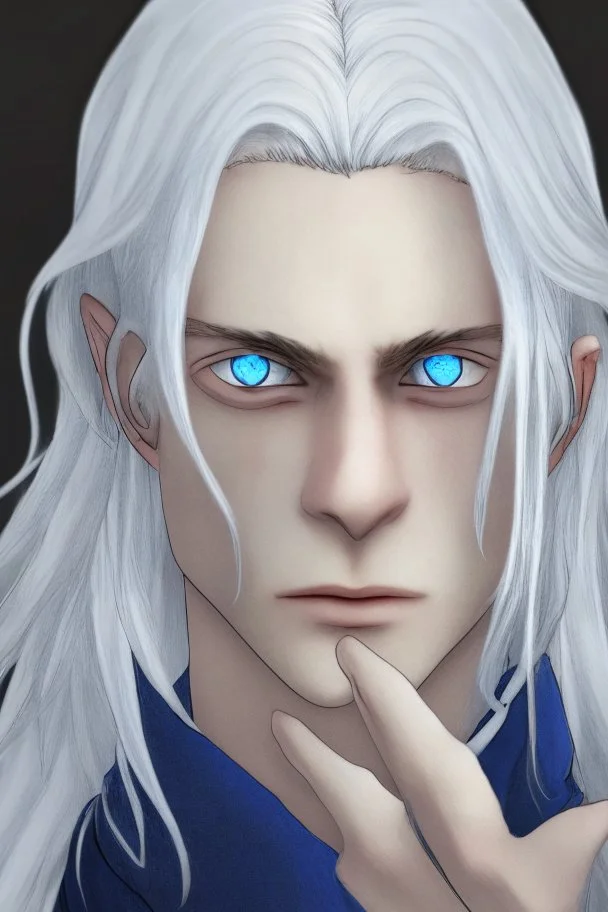 Realistic young man, long white hair covering one eye, blue eye, has rings on his hand, pale skin, slim bit fit