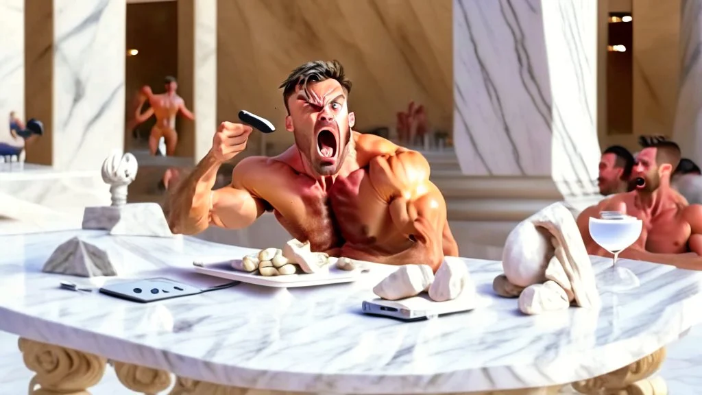 angry guy on phone at topless table next to marble tabletop