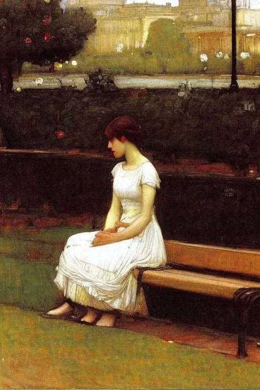 Woman sitting on a park bench John William Waterhouse