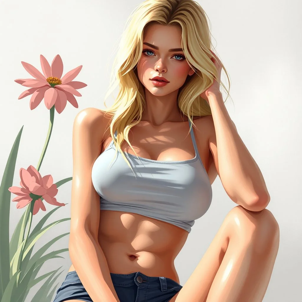 a pretty blonde woman, skinny, relaxed, digital art, stylised