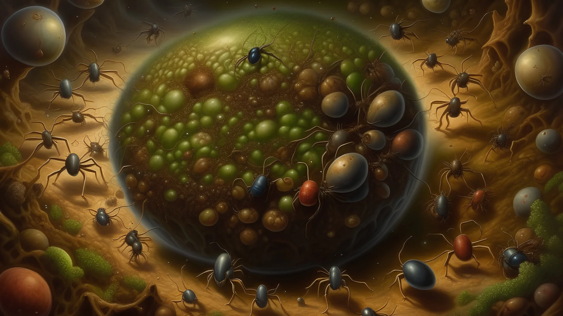 A detailed oil painting depicting a microscopic view of a bustling ant colony inside a shiny apple, with intricate details of the ants carrying tiny crumbs of food