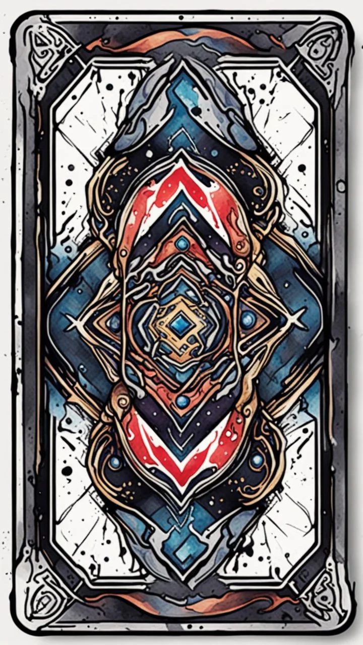 create a full color, ink wash and watercolor, ornate, abstract expressionist style bordered symmetric playing card template