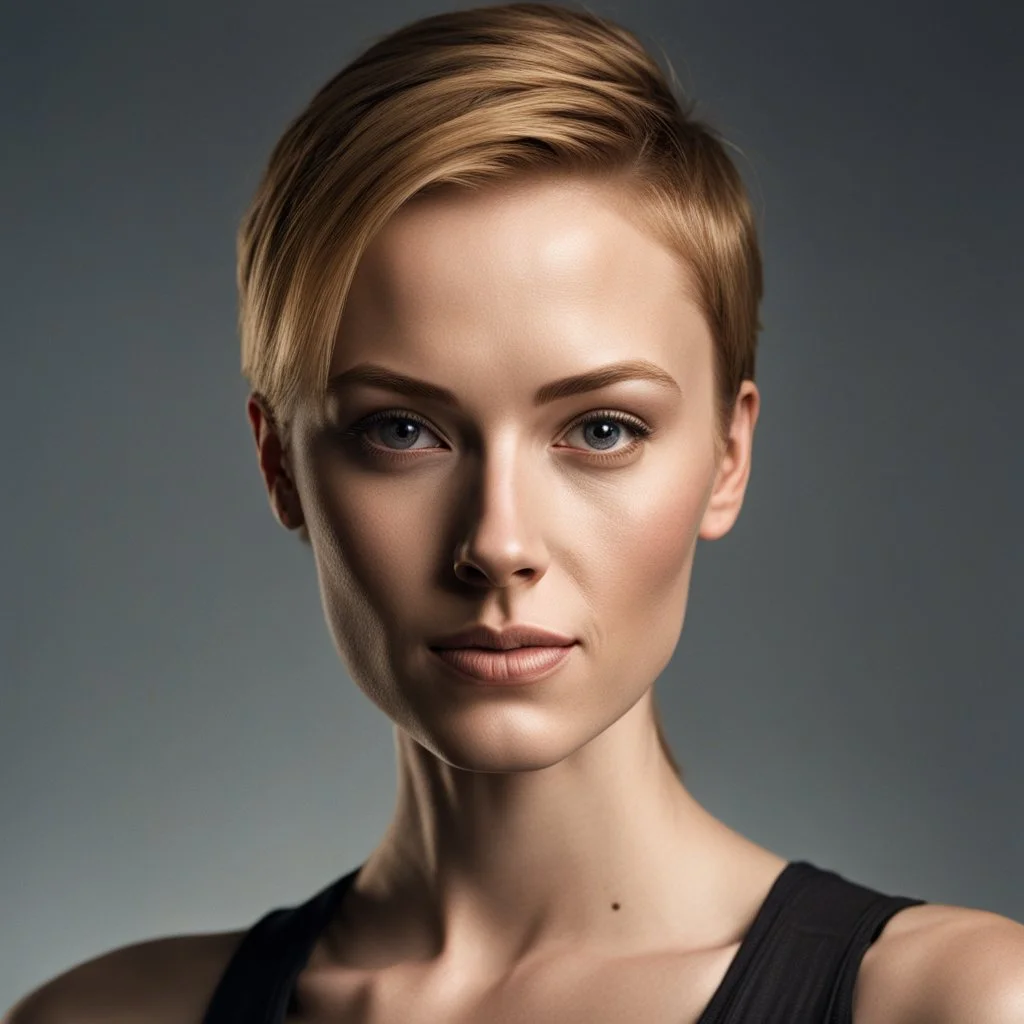 photo, rule of thirds, deborah ann woll dramatic lighting, short hair, detailed face, detailed nose, woman wearing tank top, smirk, realism, realistic, raw, analog, woman, portrait, photorealistic, analog, realism