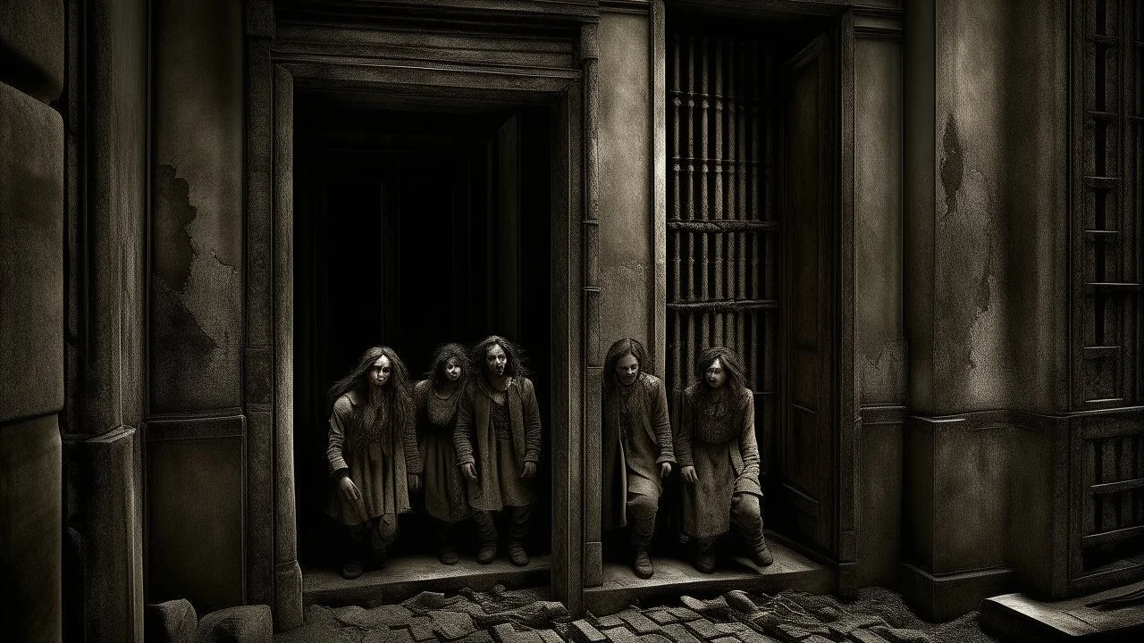 The picture shows the moment of departure, during which the hero or heroine and their companions leave behind the place that witnessed the events of horror and suspicion. Closure appears on their faces, expressing their liberation from the shackles of darkness and damnation. The remaining traces of horror remain painted on the facades of the old building, like ancient traces of a terrible story. They set off towards the future at a steady pace, but doubt and terrifying memories still haunt them,