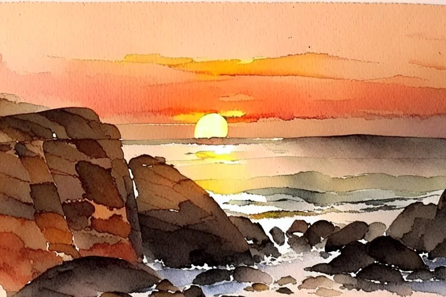 Sunset, rocks, mountains, rocky land, epic, winslow homer watercolor paintings