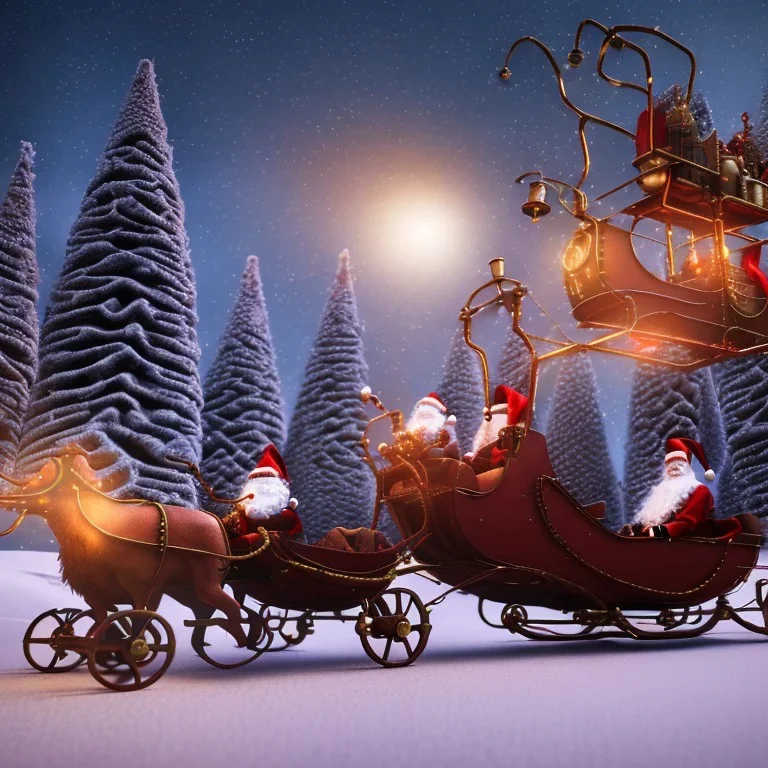 steampunk santa sleigh with santa sitting in it being pulled by 8 reindeer, 4k, highly detailed, cinematic, ultra photorealistic, ultra realistic, volumetric lighting