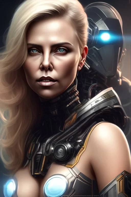 wonderfull portrait, charlize theron face, half side face robot rust, long black hair, intricate, sci-fi, cyberpunk, future,