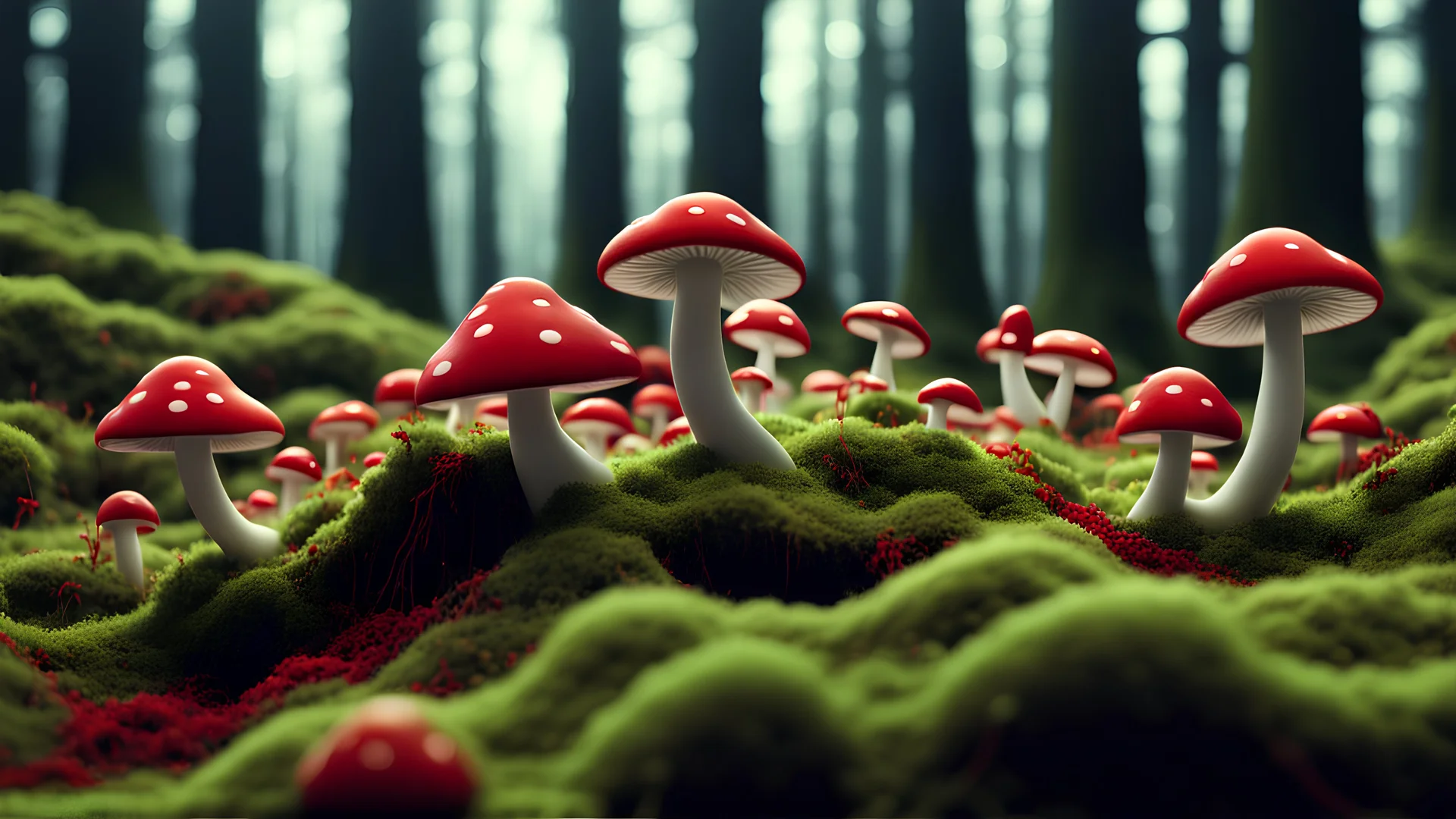 Musical Wave , Natural Moss and Red mushrooms Wave, Natural Moss network lines , Realistic 3D Render, Macro, mesh, wave network, geometric, Nikon Macro Shot, Kinetic, Fractal, Light Led Points, Generative, Neural, Computer Network, Connections, Forest Moss and mushrooms Strings,