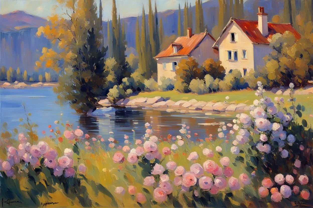 Sunny day, mountains, river, distant house, flowers, trees, konstantin korovin and jenny montigny impressionism paintings