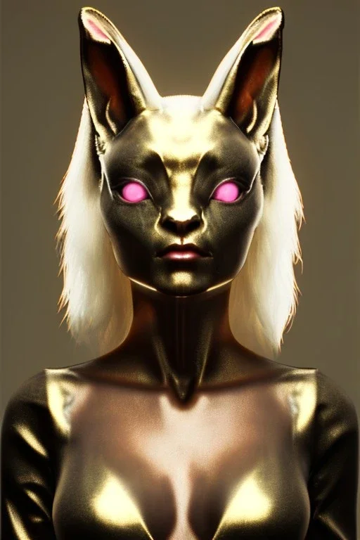 Medium Close Up Portrait, Front image. cyberpunk, rabbit mask, asian woman, gold hair. Latex suit. white, pink, color. Playboy style. Color background, photo studio. Avatar image, highly detailed, concept art, smooth, unreal engine 5, ray tracing, RTX, lumen lighting, ultra detail, volumetric lighting, 3d, finely drawn, high definition, high resolution.