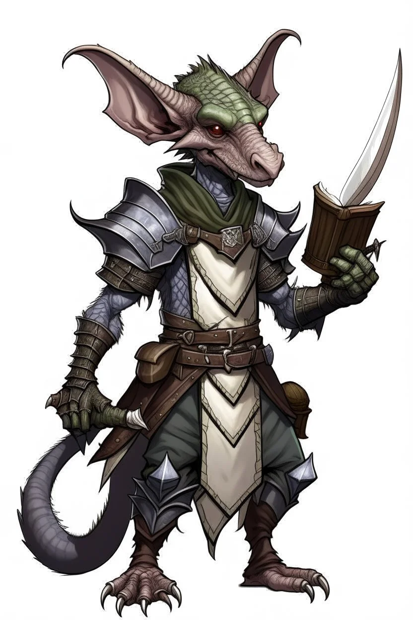 Kobold from dnd, horns, grey diamond - shaped scales, magic book, leather armor