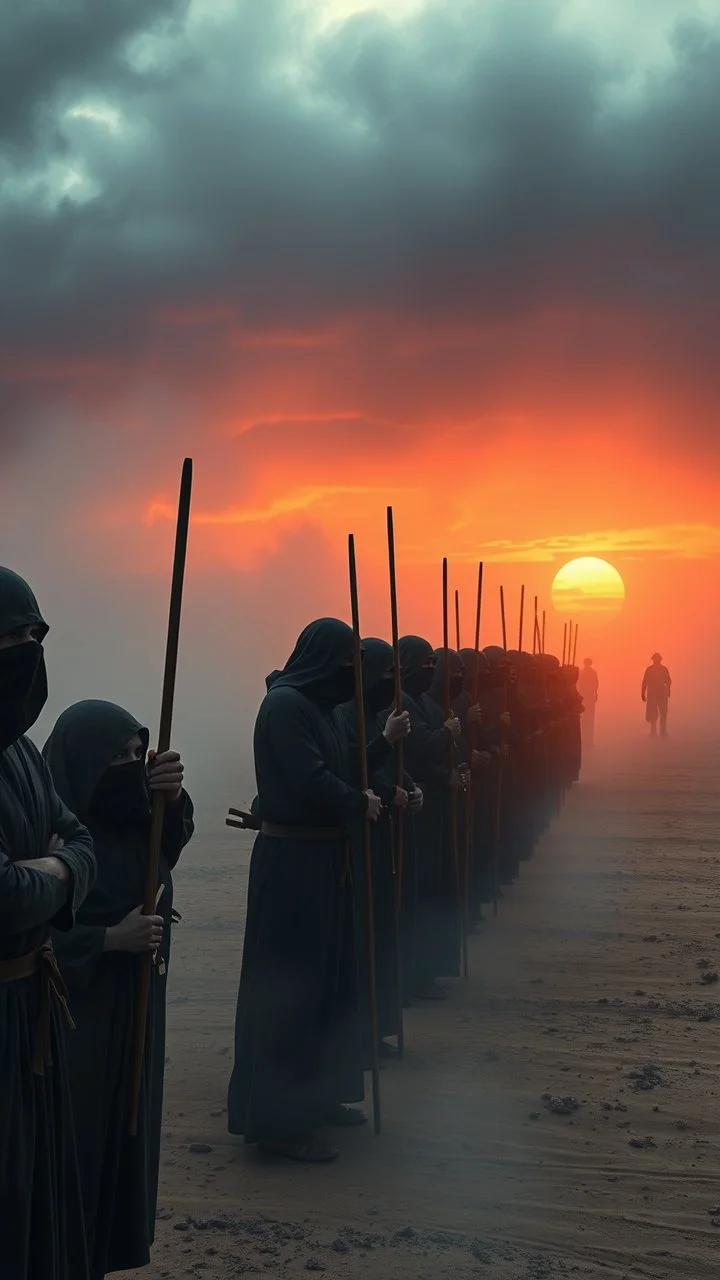 Bosch painting style nightmare , 3D ,a group of prisoners slave in black tied together in line in a dramatic misty scene of the sunset time in a stormy weather in the desert background, high Quality picture , 8k