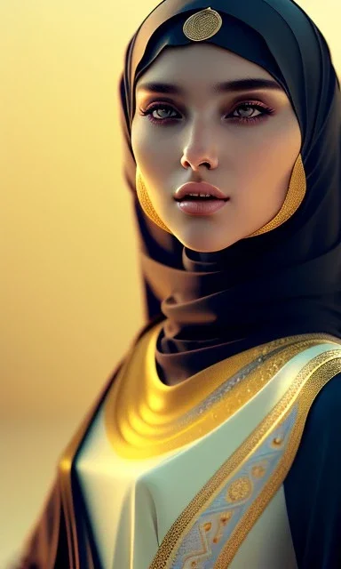 Arab young woman ,Arabic features، cute, beautiful, long hair, wavy hair, black eyes,A tuft of hair on the face,Modest Arabic style dress، head and shoulders portrait, cinematic, 8k, resolution concept art portrait by Greg Rutkowski, Artgerm, WLOP, Alphonse Mucha dynamic lighting hyperdetailed intricately detailed