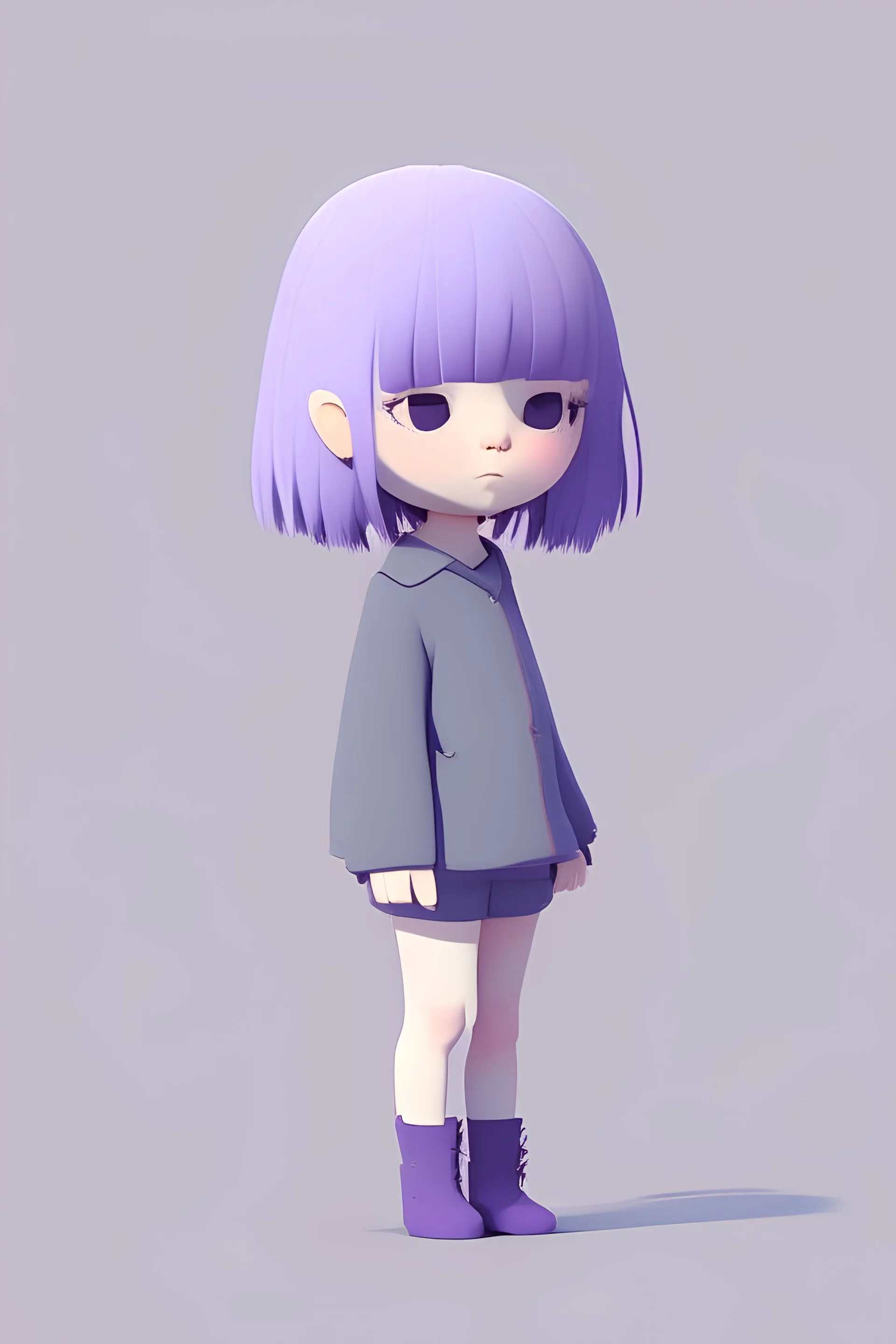 Visualize a cute, minimalist character using Stablecog. Craft a short girl with front bangs covering her eyes. Imagine her with soft, pastel-colored purple hair. Keep her design simple and charming, emphasizing minimalistic details that radiate a trendy yet endearing vibe.