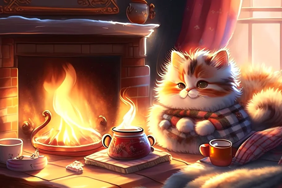 cute fluffy chibi cat reads sitting in a big soft armchair, covered with a plaid blanket, a teapot and steaming tea on a small table next to her, in sunlight. The fire in the fireplace is blazing.