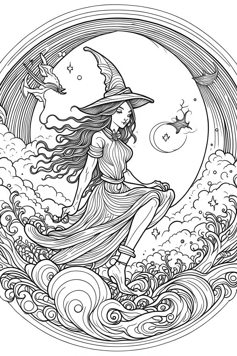 A witch flying on her broomstick across a starry night sky. . Outline, sketch style, only use outline, mandala style, clean line art, white background, no shadows, no clear wall, coloring page.