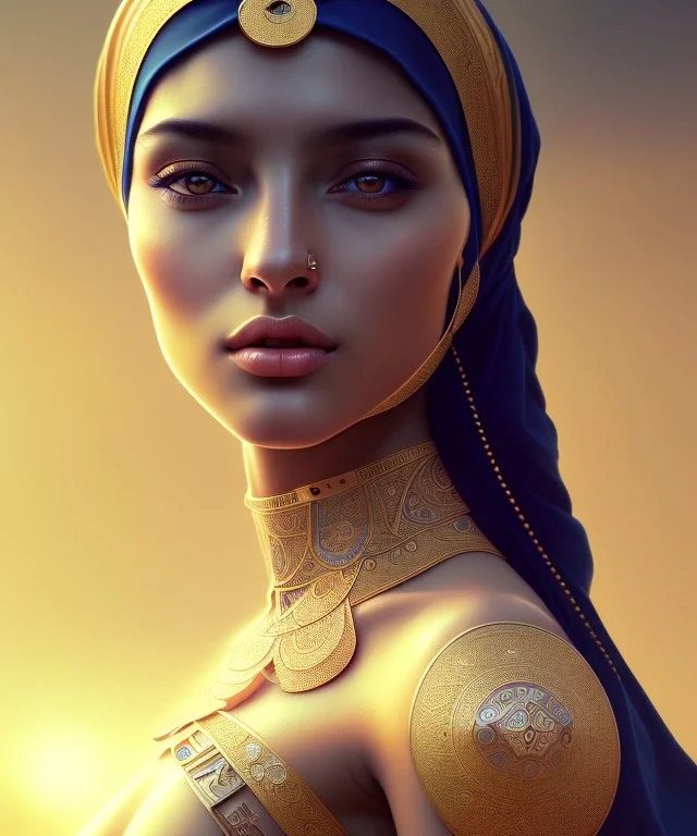 Arab young woman ,Arabic features، cute, beautiful, black eyes,Natural contours, real skin ,Modest Arabic style dress، head and shoulders portrait, cinematic, 8k, resolution concept art portrait by Greg Rutkowski, Artgerm, WLOP, Alphonse Mucha dynamic lighting hyperdetailed intricately detailed