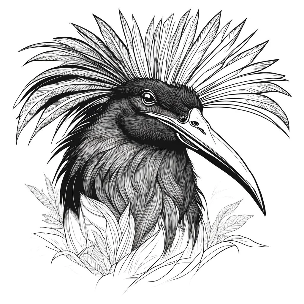 CASOAR À CASQUE Casuarius casuarius - Southern Cassowary. Record of Lodoss War style, Linework: Expressive, expressive black ink line art with variable stroke weights. Crisp contours define silhouettes while fine hatching adds subtle depth and form.