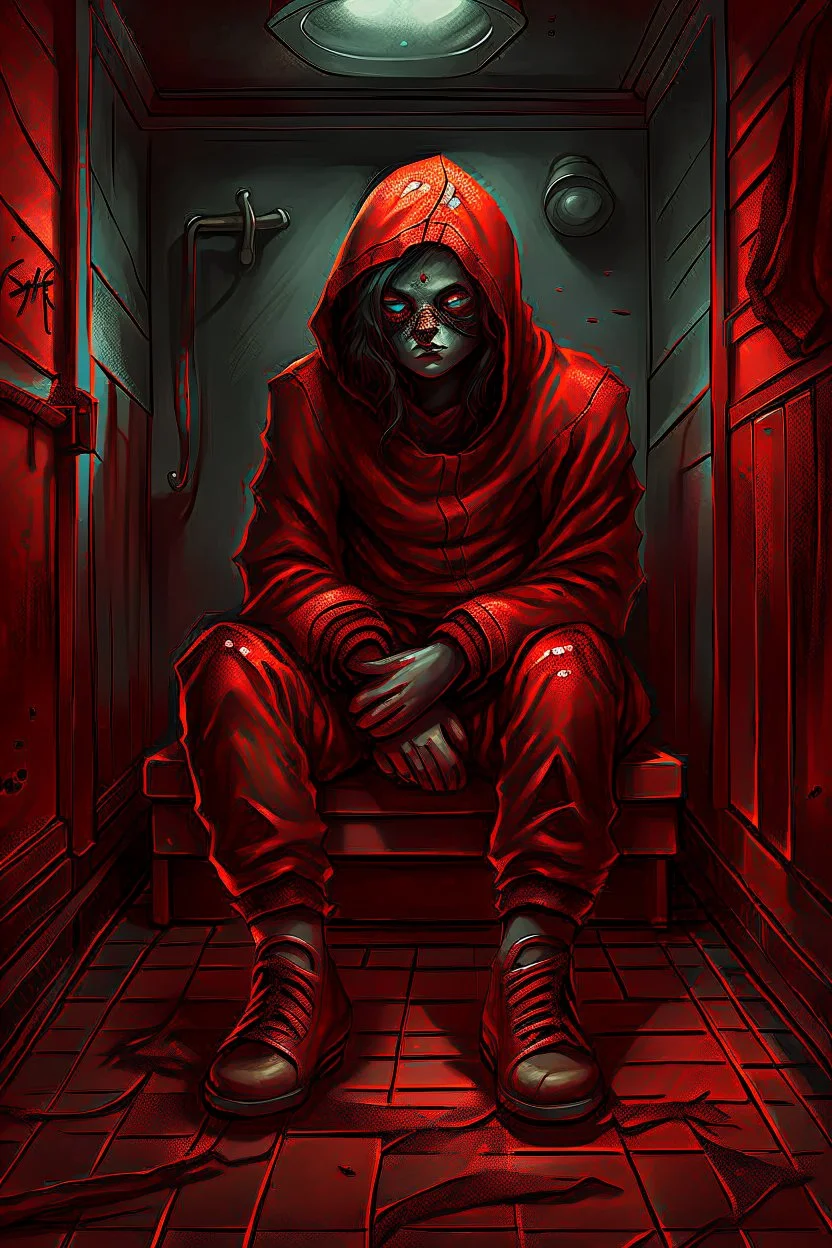 A scary gothic person sits quietly in the middle of a soundproof, padded room conveying intense dramatic emotions in a muted environment, wearing a red restraint jacket with arms inside, a mask to cover the mouth area of cannibal evil scary, dark and gothic look, cold eyes, eary ultra detailed,.32k, digital art style with messy paint, hardened sealer appearance, impasto, dramatic Arial view with explosive chaotic background