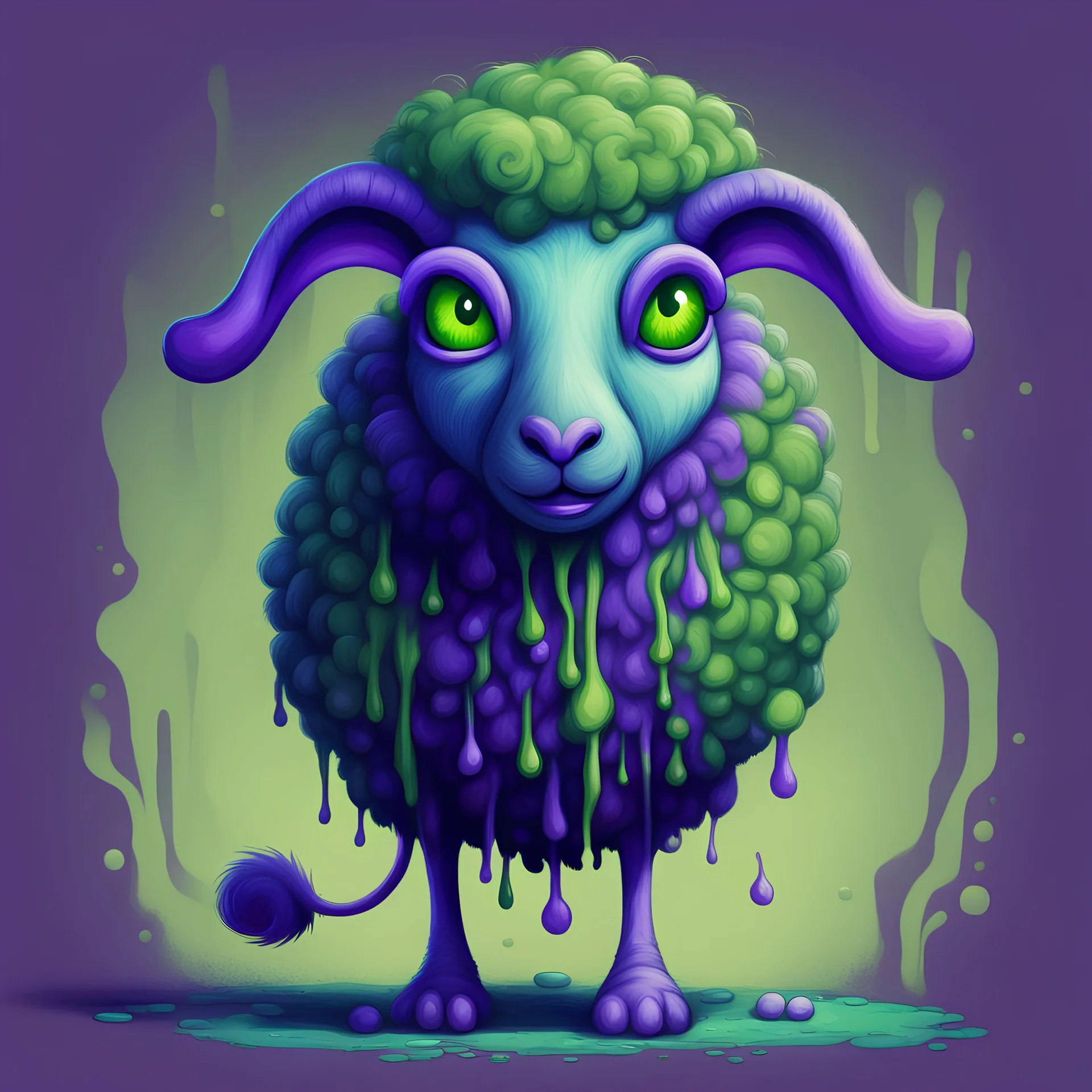 Bipedal creature resembling a Sheep with vivid deep violet-blue fur and toxic green wool with patches of green slime and bizarre green eyes with a long rat-like tail and ears background sewer in cartoon art style