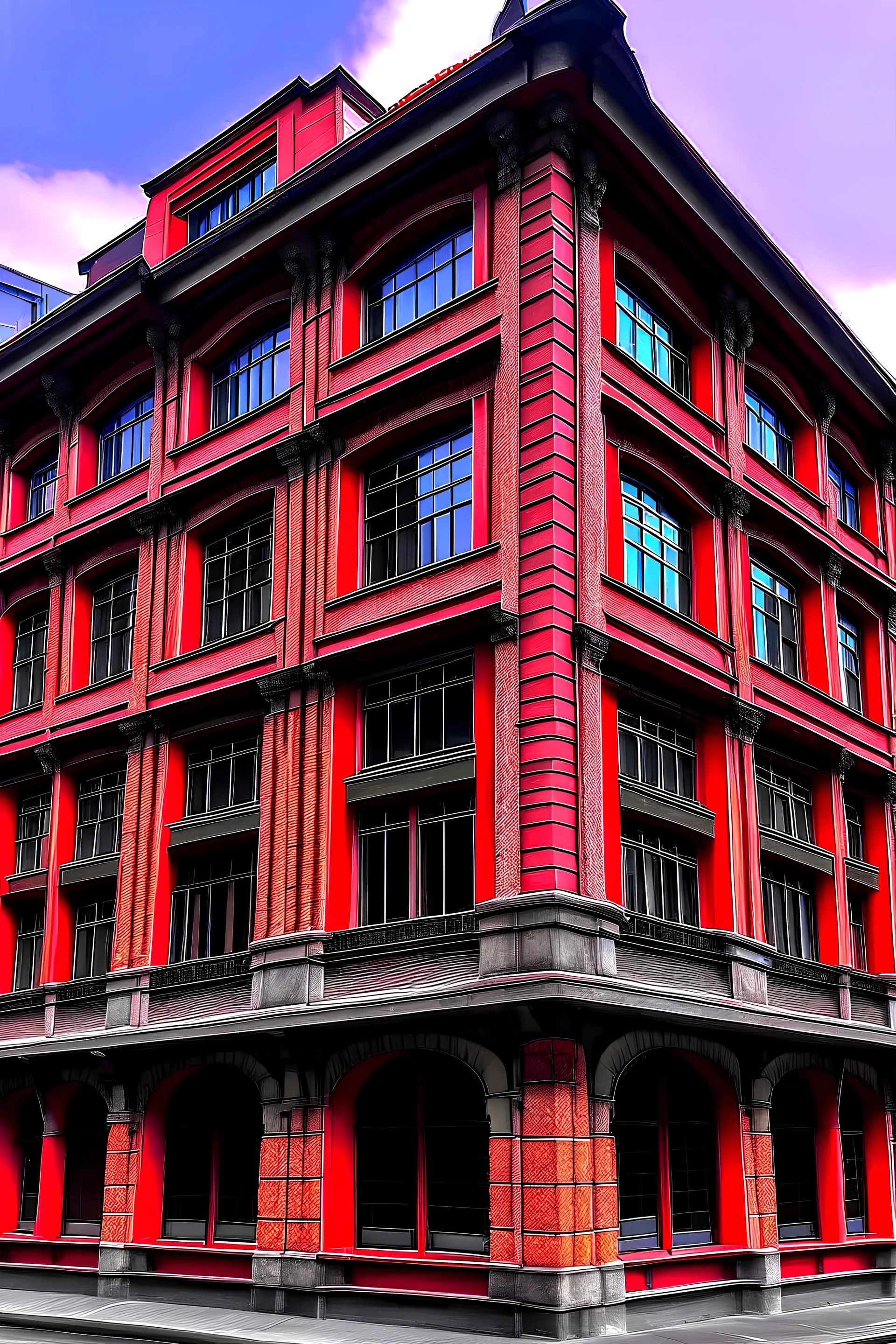 an old building with 3 floors and large colored glass façade and red curtain behind its windows. The façade walls are composed of decorating clay bricks with no attic on the roof. a perspective view is recommended. building is consisted of 7 spans the middle span is a bit slim.