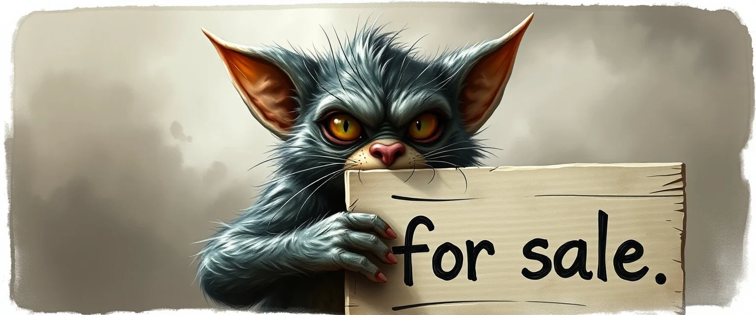 air brush 3d with pen outline, mongrel goblin gremlin looking at sign with big cute cat monster saying "cat for sale" with blurred shadow outline, charcoal fog border