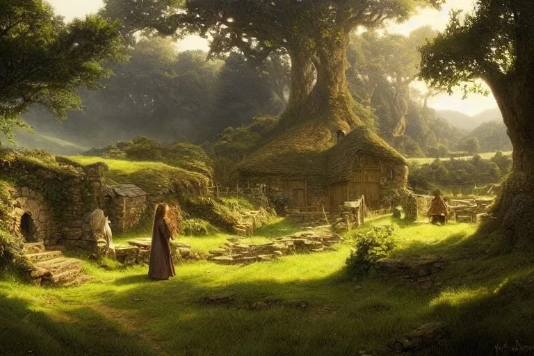 the shire, beautiful scenery landscape, lord of the rings, highly detailed, perfect lighting, perfect composition, 4 k, artgerm, derek zabrocki, greg rutkowski