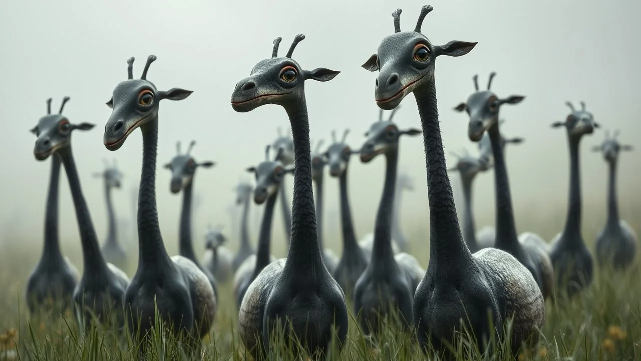 A surreal herd of gentle herbivorous creatures with long necks, one large central eye and a separate small, soft herbivore mouth, rounded bodies and dark gray-green skin, standing in a misty grassy landscape in soft rain. Curious, slightly uncanny expressions, photorealistic, cinematic atmosphere, realistic skin texture.