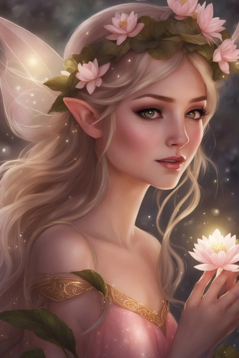 Pointed elven ears,Blonde hair ,Pink dress,Sparkling fairy wings,Very long golden hair,Fairy crown,pointed ears,elven ears,fairy wings,water lilies,sparkling,glittering,flowers,blossoms,golden crown,light pink dress