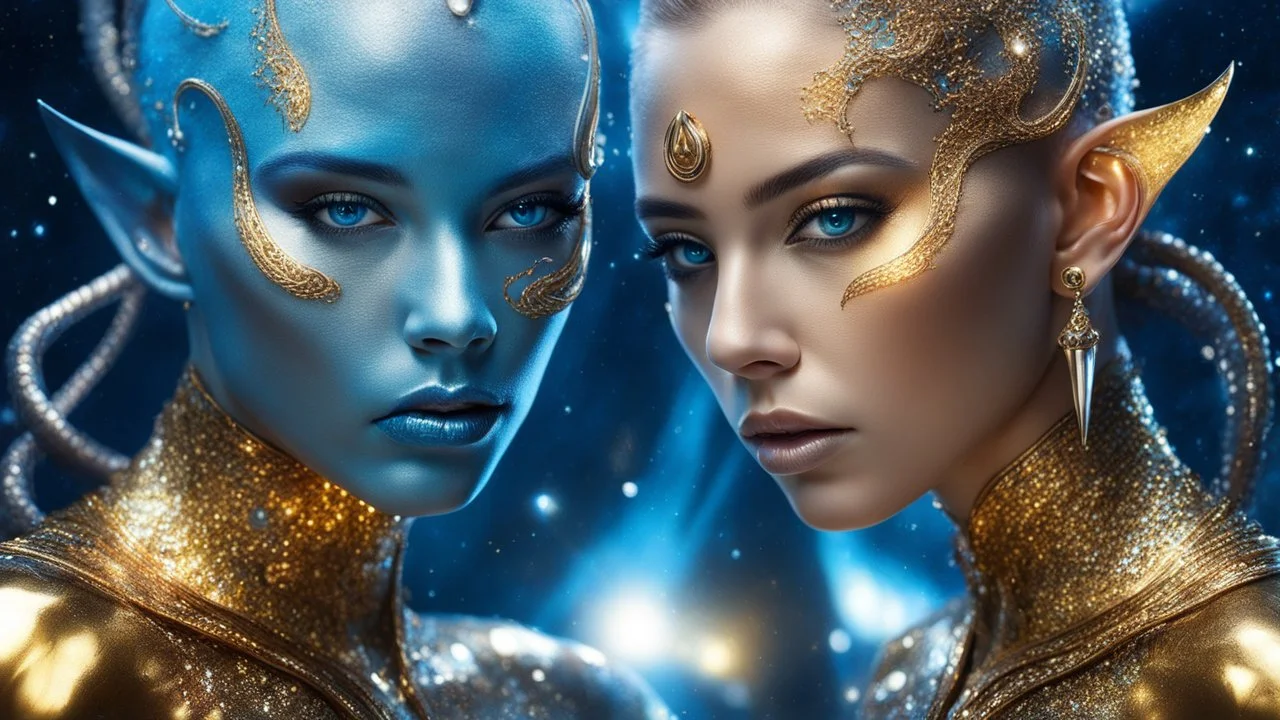 female humanoid and male alien, double exposure, silver skin, slender muscular warrior, tentacles, gold, blue, copper-zinc orichalcum jewelry and piercings, beautiful face, mesmerizing starry eyes, smooth translucent skin, hourglass, glowing, glare, size DD.