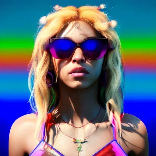 Shakira, artist, 30 years old, Realistic image, waist up portrait, etro style dress. Gucci sunglasses. Blonde, loose long hair, eyes make up, perfect, glow, circle iris. Feather, Neon colors, leds, geometric shapes. Dark background, photo studio, neon lights. Cyberpunk, concept art, smooth, unreal engine 5, god lights, ray tracing, RTX, lumen lighting, ultra detail, volumetric lighting, 3d, finely drawn, high definition, 4k.