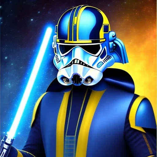 trés beau capitaine galactique, star wars style, avec costumes bleu et or , arrière fond bleu galactique étoilés, casque