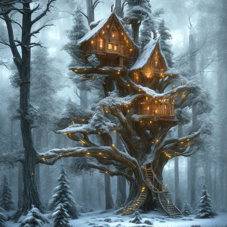 Elf tree house in the forest, 8k, realistic, intricate, highly detailed, cinematic snow effects, night