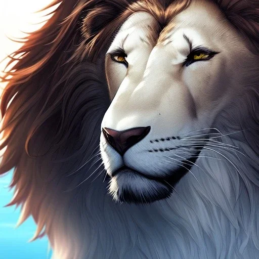 anthropomorphic Lion Warrior, realistic, HD4k, watery cloud background, close up shot,