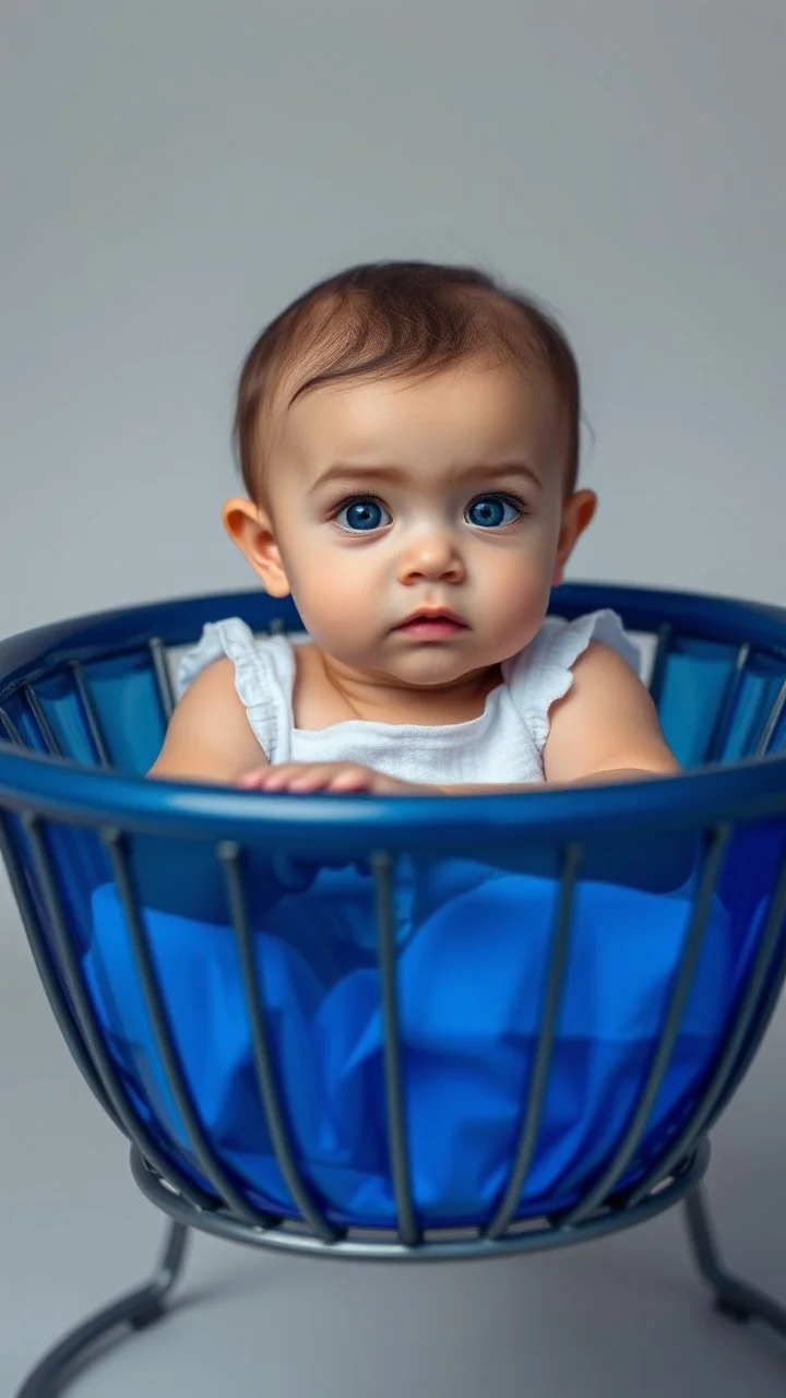 A baby girl in a cradle ,Deep blue shiny thick transparent plastic light gray background ,blue eyes, dark eyebrows